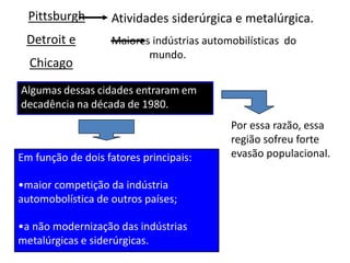 Em função de dois fatores principais:
•maior competição da indústria
automobolística de outros países;
•a não modernização das indústrias
metalúrgicas e siderúrgicas.
Pittsburgh
Detroit e
Chicago
Atividades siderúrgica e metalúrgica.
Maiores indústrias automobilísticas do
mundo.
Algumas dessas cidades entraram em
decadência na década de 1980.
Por essa razão, essa
região sofreu forte
evasão populacional.
 