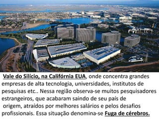 Vale do Silício, na Califórnia EUA, onde concentra grandes
empresas de alta tecnologia, universidades, institutos de
pesquisas etc.. Nessa região observa-se muitos pesquisadores
estrangeiros, que acabaram saindo de seu país de
origem, atraídos por melhores salários e pelos desafios
profissionais. Essa situação denomina-se Fuga de cérebros.
 