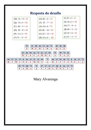 Resposta do desafio
72 21 30 44 13 44 72 45 36 30
À M E D I D A Q U E
Mary Alvarenga
23 36 54 16 72 21 12 54 72 39 72 41
B U S C A M O S A P A Z
44 13 21 13 8 36 13 21 12 54 72 44 13 54 18 72 8 16 13 72
D I M I N U Í M O S A D I S T Â N C I A
39 72 60 72 72 47 13 12 17 30 8 16 13 72
P A R A A V I O L Ê N C I A
(M) 12 + 9 = 21
(Q) 15 x 3 = 45
(C) 48 ÷ 3 = 16
(D) 36 + 8 = 44
(P) 13 x 3 = 39
(V) 51 – 4 = 47
(O) 48 ÷ 4 = 12
(T) 25 – 7 = 18
(A) 18 x 4 = 72
(E) 46 – 16 = 30
(U) 23 + 13 = 36
(R) 15 x 4 = 60
(I) 39 ÷3 = 13
(S) 18 x 3 = 54
(N) 17 – 9 = 8
(B) 46 ÷ 2 = 23
(Z) 35 + 6 = 41
(L) 51 ÷ 3 = 17
 