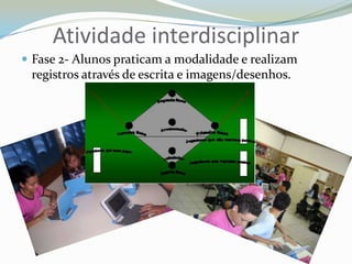 Atividade interdisciplinarFase 2- Alunos praticam a modalidade e realizam registros através de escrita e imagens/desenhos.