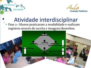 Atividade interdisciplinar
 Fase 2- Alunos praticaram a modalidade e realizam
registros através de escrita e imagens/desenhos.
 