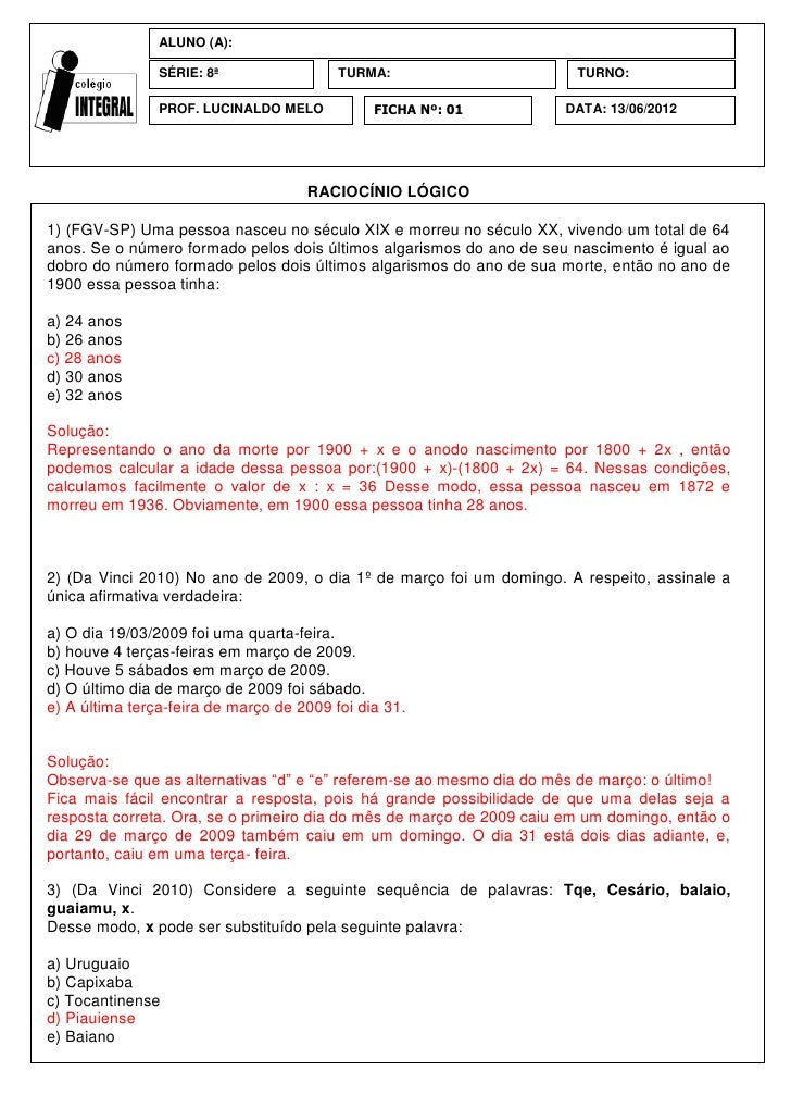 Atividade mat raciocínio lógico gabarito