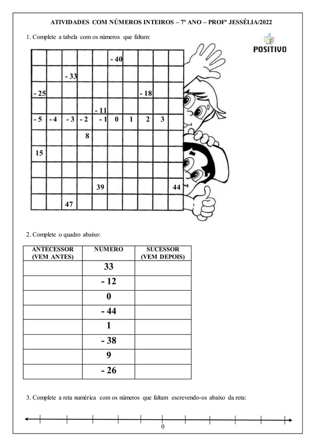 Atividade números inteiros tabela 7º ano | DOCX | Education