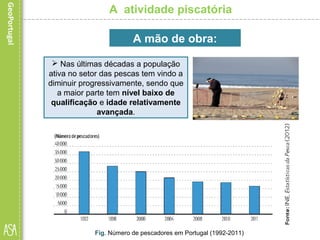 A atividade piscatória
 Nas últimas décadas a população
ativa no setor das pescas tem vindo a
diminuir progressivamente, sendo que
a maior parte tem nível baixo de
qualificação e idade relativamente
avançada.
A mão de obra:
Fig. Número de pescadores em Portugal (1992-2011)
 
