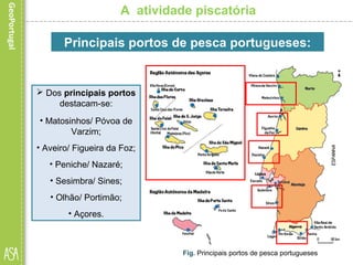 A atividade piscatória
Principais portos de pesca portugueses:
 Dos principais portos
destacam-se:
• Matosinhos/ Póvoa de
Varzim;
• Aveiro/ Figueira da Foz;
• Peniche/ Nazaré;
• Sesimbra/ Sines;
• Olhão/ Portimão;
• Açores.
Fig. Principais portos de pesca portugueses
 