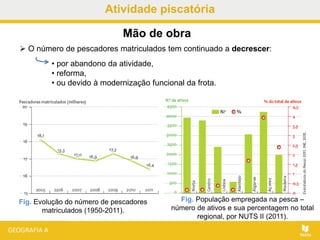 Atividade piscatória
 O número de pescadores matriculados tem continuado a decrescer:
• por abandono da atividade,
• reforma,
• ou devido à modernização funcional da frota.
Mão de obra
Fig. Evolução do número de pescadores
matriculados (1950-2011).
Fig. População empregada na pesca –
número de ativos e sua percentagem no total
regional, por NUTS II (2011).
 