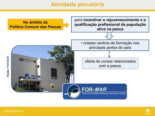 Atividade piscatóriaFonte:FOR-MAR
No âmbito da
Política Comum das Pescas
para incentivar o rejuvenescimento e a
qualificação profissional da população
ativa na pesca
• criados centros de formação nos
principais portos do país
oferta de cursos relacionados
com a pesca.
 
