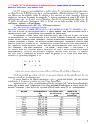 ATIVIDADE PRÁTICA 2 (para alunos de qualquer série/ano): Visualização das distâncias médias dos
planetas ao Sol (incluindo Plutão, o planeta anão).

        Em 2009 propusemos a atividade prática na qual os volumes dos planetas eram comparados por discos
ou esferas. Neste ano de 2010 propomos que se visualize as distâncias médias dos planetas ao Sol. Para darmos
uma idéia correta das distâncias médias dos planetas ao Sol, sugerimos que sejam reduzidas as distâncias
médias, dos planetas ao Sol, através de uma escala. Por exemplo, se adotamos a escala de 10 milhões de
quilômetros para cada 1 cm de papel, teremos Mercúrio a 5,8 cm do Sol, pois sua distância média ao Sol é de
58 milhões de quilômetros; Vênus estaria a 10,8 cm do Sol, pois sua distância média é de 108 milhões de
quilômetros, e assim para os demais planetas.
        Veja detalhadas explicações, FOTOS e FILME desta atividade em
        http://www.pontociencia.org.br/experimentos-
interna.php?experimento=225&VISUALIZACAO+DAS+DISTANCIAS+MEDIAS+DOS+PLANETAS+AO+
SOL - top. Se preferir, vá em www.pontociencia.org.br, depois selecione Física, depois Astronomia, depois o
experimento com o nome “Visualização das distâncias médias dos planetas ao Sol”.
        Desenvolva esta atividade com os alunos da seguinte maneira: providencie tiras de papel, com largura
de, aproximadamente, 5 a 7 cm e comprimento de 6 m. Use fitas de máquina de somar para obter a tira em
questão, mas você também pode usar a imaginação e substituir a fita de máquina de somar por qualquer outra
coisa com comprimento de 6 metros. Pode até mesmo emendar folhas de papel, colando-as, ou até mesmo papel
higiênico. Desenhe uma bolinha (com uns 5 mm de diâmetro) numa das extremidades da tira para representar o
Sol, a partir dessa bolinha desenhamos outra a 5,8 cm para representar Mercúrio, Vênus estaria a 10,8 cm do
Sol, a Terra fica a 15,0 cm do Sol, Marte fica a 22,8 cm, Júpiter a 77,8 cm, Saturno a 143,0 cm, Urano a 287,0
cm, Netuno a 450,0 cm e, finalmente, Plutão a 590,0 cm do Sol (todas as distâncias são em relação ao Sol
(primeira bolinha)). Colocamos o nome do Sol e de cada planeta sobre cada bolinha. Esticamos a tira e teremos
uma visão exata da distribuição das distâncias médias dos planetas ao Sol. Numa escala ainda menor,
mostramos na figura abaixo um pedaço da tira.




          As letras sobre os pontos (planetas) representam M(Mercúrio), V(Vênus), T(Terra), M(Marte), J(Júpiter), etc.

       Esta é uma atividade que o aluno pode fazer em casa ou em sala aula e, é claro, a tira fica com ele, para
que possa mostrá-la aos familiares e amigos.
       Só mesmo fazendo a tira toda para percebermos como os planetas mais distantes estão incrivelmente
mais distantes do Sol, do que os planetas Mercúrio, Vênus, Terra e Marte.
       Abaixo mostramos a tabela com as distâncias médias dos planetas ao Sol. Para facilitar a colocação dos
pontos sobre a tira de papel, fornecemos na última coluna a distância de cada planeta ao planeta anterior. Por
exemplo, Vênus está a 10,8 cm do Sol, mas em relação a Mercúrio está a apenas 5,0 cm, e assim por diante.

                   Planeta            Distância média ao Distância ao Sol na    Distância em
                                              Sol          escala adotada    relação ao planeta
                                             (km)               (cm)            anterior (cm)
                   Mercúrio                   57.910.000                 5,8                  0,0
                    Vênus                    108.200.000                10,8                  5,0
                     Terra                   149.600.000                15,0                  4,2
                    Marte                    227.940.000                22,8                  7,8
                    Júpiter                  778.330.000                77,8                 55,0
                   Saturno                 1.429.400.000               142,9                 65,1
                    Urano                  2.870.990.000               287,1                144,2
                   Netuno                  4.504.300.000               450,4                163,3
                    Plutão                 5.913.520.000               591,4                141,0



                                                                                                                         2
 