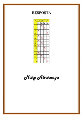RESPOSTA
GABARITO
A B C D
1 X
2 X
3 X
4 X
5 X
6 X
7 X
8 X
9 X
10 X
11 X
12 X
13 X
14 X
15 X
Mary Alvarenga
 