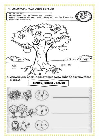 4. LINDINHO(A), FAÇA O QUE SE PEDE!
5. MEU ANJINHO, ORDENE AS LETRAS E SAIBA ONDE SE CULTIVA ESTAS
PLANTAS.
HORTA, JARDIM e POMAR
 