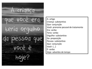 A- artigo
Criança- substantivo
Que- conjunção
Você- pronome pessoal de tratamento
Era- verbo
Teria- verbo
Orgulho- substantivo
Da- preposição
Pessoa- substantivo
Que- conjunção
Você- (...)
É- verbo
Hoje- adverbio de tempo
 