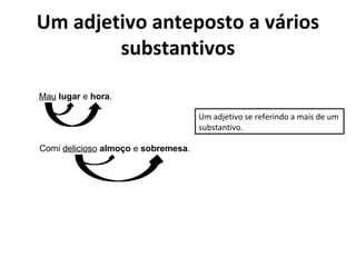 Um adjetivo anteposto a vários
substantivos
Mau lugar e hora.
Comi delicioso almoço e sobremesa.
Um adjetivo se referindo a mais de um
substantivo.
 