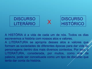 DISCURSO
LITERÁRIO
DISCURSO
HISTÓRICO
X
A HISTÓRIA é a vida de cada um de nós. Todos os dias
escrevemos a história com nossos atos e valores.
A LITERATURA se apropria desses atos e valores que
formam as sociedades de diferentes épocas para dar vida às
personagens dentro dos mais diversos contextos. Por isso, a
LITERATURA, considerada, por muitos, como arte da
palavra, pode ser conceituada como um tipo de discurso que
tenta dar conta da história.
 