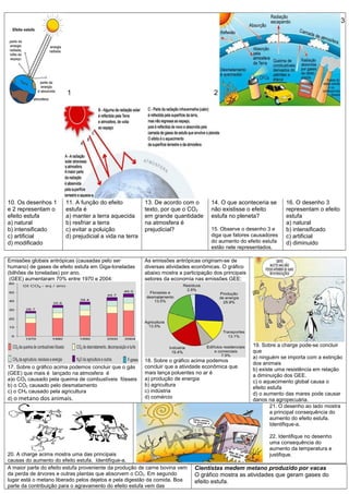 10. Os desenhos 1
e 2 representam o
efeito estufa
a) natural
b) intensificado
c) artificial
d) modificado
11. A função do efeito
estufa é
a) manter a terra aquecida
b) resfriar a terra
c) evitar a poluição
d) prejudicial a vida na terra
13. De acordo com o
texto, por que o CO2
em grande quantidade
na atmosfera é
prejudicial?
14. O que aconteceria se
não existisse o efeito
estufa no pleneta?
15. Observe o desenho 3 e
diga que fatores causadores
do aumento do efeito estufa
estão nele representados.
16. O desenho 3
representam o efeito
estufa
a) natural
b) intensificado
c) artificial
d) diminuido
Emissões globais antrópicas (causadas pelo ser
humano) de gases de efeito estufa em Giga-toneladas
(bilhões de toneladas) por ano.
(GEE) aumentaram 70% entre 1970 e 2004:
17. Sobre o gráfico acima podemos concluir que o gás
(GEE) que mais é lançado na atmosfera é
a)o CO2 causado pela queima de combustíveis fósseis
b) o CO2 causado pelo desmatamento
c) o CH4 causado pela agricultura
d) o metano dos animais.
As emissões antrópicas originam-se de
diversas atividades econômicas. O gráfico
abaixo mostra a participação dos principais
setores da economia nas emissões GEE:
18. Sobre o gráfico acima podemos
concluir que a atividade econômica que
mais lança poluentes no ar é
a) produção de energia
b) agricultura
c) indústria
d) comércio
19. Sobre a charge pode-se concluir
que
a) ninguém se importa com a extinção
dos animais
b) existe uma resistência em relação
a diminuição dos GEE.
c) o aquecimento global causa o
efeito estufa
d) o aumento das mares pode causar
danos na agropecuária.
20. A charge acima mostra uma das principais
causas do aumento do efeito estufa. Identifique-a.
21. O desenho ao lado mostra
a principal consequência do
aumento do efeito estufa.
Identifique-a.
22. Identifique no desenho
uma consequência do
aumento da temperatura e
justifique.
A maior parte do efeito estufa proveniente da produção de carne bovina vem
da perda de árvores e outras plantas que absorvem o CO2. Em segundo
lugar está o metano liberado pelos dejetos e pela digestão da comida. Boa
parte da contribuição para o agravamento do efeito estufa vem das
Cientistas medem metano produzido por vacas
O gráfico mostra as atividades que geram gases do
efeito estufa.
1 2
3
 