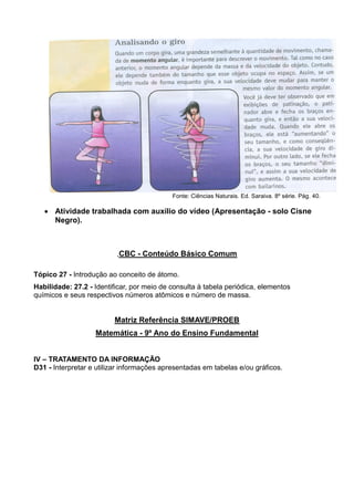 Fonte: Ciências Naturais. Ed. Saraiva. 8º série. Pág. 40.
 Atividade trabalhada com auxílio do vídeo (Apresentação - solo Cisne
Negro).
,CBC - Conteúdo Básico Comum
Tópico 27 - Introdução ao conceito de átomo.
Habilidade: 27.2 - Identificar, por meio de consulta à tabela periódica, elementos
químicos e seus respectivos números atômicos e número de massa.
Matriz Referência SIMAVE/PROEB
Matemática - 9º Ano do Ensino Fundamental
IV – TRATAMENTO DA INFORMAÇÃO
D31 - Interpretar e utilizar informações apresentadas em tabelas e/ou gráficos.
 