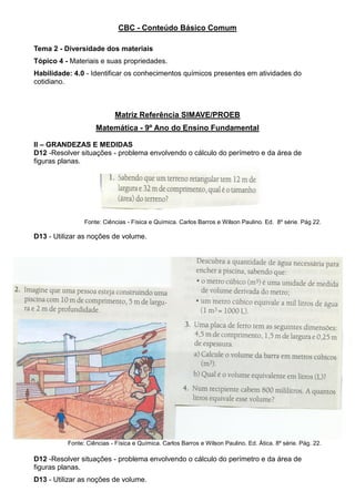 CBC - Conteúdo Básico Comum
Tema 2 - Diversidade dos materiais
Tópico 4 - Materiais e suas propriedades.
Habilidade: 4.0 - Identificar os conhecimentos químicos presentes em atividades do
cotidiano.
Matriz Referência SIMAVE/PROEB
Matemática - 9º Ano do Ensino Fundamental
II – GRANDEZAS E MEDIDAS
D12 -Resolver situações - problema envolvendo o cálculo do perímetro e da área de
figuras planas.
Fonte: Ciências - Física e Química. Carlos Barros e Wilson Paulino. Ed. 8º série. Pág 22.
D13 - Utilizar as noções de volume.
Fonte: Ciências - Física e Química. Carlos Barros e Wilson Paulino. Ed. Ática. 8º série. Pág. 22.
D12 -Resolver situações - problema envolvendo o cálculo do perímetro e da área de
figuras planas.
D13 - Utilizar as noções de volume.
 