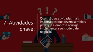 7. Atividades-
chave:
Quais são as atividades mais
importantes que devem ser feitas
para que a empresa consiga
implementar seu modelo de
negócio?
 