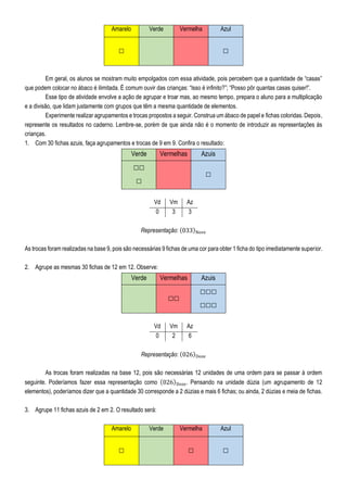 Amarelo Verde Vermelha Azul
□ □
Em geral, os alunos se mostram muito empolgados com essa atividade, pois percebem que a quantidade de “casas”
que podem colocar no ábaco é ilimitada. É comum ouvir das crianças: “Isso é infinito?”; “Posso pôr quantas casas quiser!”.
Esse tipo de atividade envolve a ação de agrupar e troar mas, ao mesmo tempo, prepara o aluno para a multiplicação
e a divisão, que lidam justamente com grupos que têm a mesma quantidade de elementos.
Experimente realizar agrupamentos e trocas propostos a seguir. Construa um ábaco de papel e fichas coloridas. Depois,
represente os resultados no caderno. Lembre-se, porém de que ainda não é o momento de introduzir as representações às
crianças.
1. Com 30 fichas azuis, faça agrupamentos e trocas de 9 em 9. Confira o resultado:
Verde Vermelhas Azuis
□□
□
□
Vd Vm Az
0 3 3
Representação: (033)Nove
As trocas foram realizadas na base 9, pois são necessárias 9 fichas de uma cor para obter 1 ficha do tipo imediatamente superior.
2. Agrupe as mesmas 30 fichas de 12 em 12. Observe:
Verde Vermelhas Azuis
□□
□□□
□□□
Vd Vm Az
0 2 6
Representação: (026)Doze
As trocas foram realizadas na base 12, pois são necessárias 12 unidades de uma ordem para se passar à ordem
seguinte. Poderíamos fazer essa representação como (026)Doze. Pensando na unidade dúzia (um agrupamento de 12
elementos), poderíamos dizer que a quantidade 30 corresponde a 2 dúzias e mais 6 fichas; ou ainda, 2 dúzias e meia de fichas.
3. Agrupe 11 fichas azuis de 2 em 2. O resultado será:
Amarelo Verde Vermelha Azul
□ □ □
 