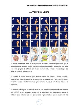 ATIVIDADES COMPLEMENTARES DA EDUCAÇÃO ESPECIAL
103
ALFABETO EM LIBRAS
As libras transmitem mais do que palavras e frases, o sistema possibilita que a
comunidade de pessoas surdas exerçam o direito de descobrir o mundo a sua volta
por conta própria. O alfabeto em libras, basicamente, consiste na soletração de
letras e numerais com as mãos.
O sistema é usado, apenas, para formar nomes de pessoas, rótulos, lugares,
endereços e vocábulos que se tenha dúvida, ou inexistentes, na língua de sinais.
Aprender Libras é muito mais que aprender uma língua; é um ato de inclusão e
cidadania.
O alfabeto datilológico ou alfabeto manual é a denominação referente ao alfabeto
em LIBRAS e tem a função de permitir a soletração das palavras ao surdo; é
utilizado para palavra que não possui sinal representativo. Usado atualmente no
 