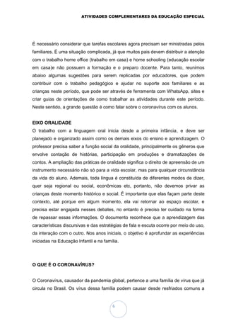 ATIVIDADES COMPLEMENTARES DA EDUCAÇÃO ESPECIAL
6
É necessário considerar que tarefas escolares agora precisam ser ministradas pelos
familiares. É uma situação complicada, já que muitos pais devem distribuir a atenção
com o trabalho home office (trabalho em casa) e home schooling (educação escolar
em casa)e não possuem a formação e o preparo docente. Para tanto, reunimos
abaixo algumas sugestões para serem replicadas por educadores, que podem
contribuir com o trabalho pedagógico e ajudar no suporte aos familiares e as
crianças neste período, que pode ser através de ferramenta com WhatsApp, sites e
criar guias de orientações de como trabalhar as atividades durante este período.
Neste sentido, a grande questão é como falar sobre o coronavírus com os alunos.
EIXO ORALIDADE
O trabalho com a linguagem oral inicia desde a primeira infância, e deve ser
planejado e organizado assim como os demais eixos do ensino e aprendizagem. O
professor precisa saber a função social da oralidade, principalmente os gêneros que
envolve contação de histórias, participação em produções e dramatizações de
contos. A ampliação das práticas de oralidade significa o direito de apreensão de um
instrumento necessário não só para a vida escolar, mas para qualquer circunstância
da vida do aluno. Ademais, toda língua é constituída de diferentes modos de dizer,
quer seja regional ou social, econômicas etc, portanto, não devemos privar as
crianças deste momento histórico e social. É importante que elas façam parte deste
contexto, até porque em algum momento, ela vai retornar ao espaço escolar, e
precisa estar engajada nesses debates, no entanto é preciso ter cuidado na forma
de repassar essas informações. O documento reconhece que a aprendizagem das
características discursivas e das estratégias de fala e escuta ocorre por meio do uso,
da interação com o outro. Nos anos iniciais, o objetivo é aprofundar as experiências
iniciadas na Educação Infantil e na família.
O QUE É O CORONAVÍRUS?
O Coronavírus, causador da pandemia global, pertence a uma família de vírus que já
circula no Brasil. Os vírus dessa família podem causar desde resfriados comuns a
 