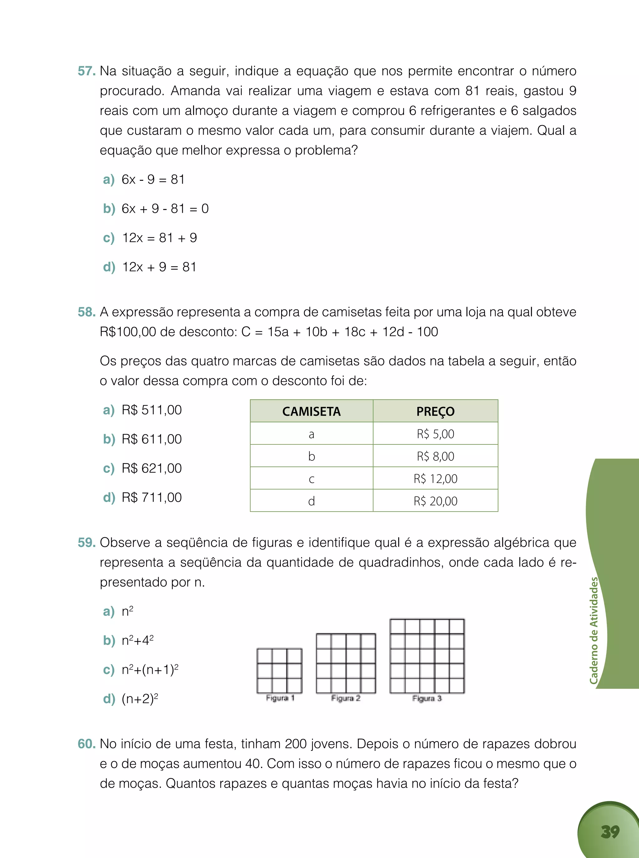39
CadernodeAtividades
Na situação a seguir, indique a equação que nos permite encontrar o número57.	
procurado. Amanda vai realizar uma viagem e estava com 81 reais, gastou 9
reais com um almoço durante a viagem e comprou 6 refrigerantes e 6 salgados
que custaram o mesmo valor cada um, para consumir durante a viajem. Qual a
equação que melhor expressa o problema?
6x - 9 = 81a)	
6x + 9 - 81 = 0b)	
12x = 81 + 9c)	
12x + 9 = 81d)	
A expressão representa a compra de camisetas feita por uma loja na qual obteve58.	
R$100,00 de desconto: C = 15a + 10b + 18c + 12d - 100
	 Os preços das quatro marcas de camisetas são dados na tabela a seguir, então
o valor dessa compra com o desconto foi de:
R$ 511,00a)	
R$ 611,00b)	
R$ 621,00c)	
R$ 711,00d)	
Observe a seqüência de figuras e identifique qual é a expressão algébrica que59.	
representa a seqüência da quantidade de quadradinhos, onde cada lado é re-
presentado por n.
na)	 2	
nb)	 2
+42
nc)	 2
+(n+1)2
(n+2)d)	 2
No início de uma festa, tinham 200 jovens. Depois o número de rapazes dobrou60.	
e o de moças aumentou 40. Com isso o número de rapazes ficou o mesmo que o
de moças. Quantos rapazes e quantas moças havia no início da festa?
CAMISETA PREÇO
a R$ 5,00
b R$ 8,00
c R$ 12,00
d R$ 20,00
 