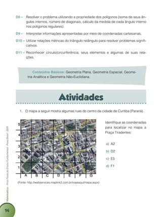 14
Matemática–AnosFinaisdoEnsinoFundamental-ProvaBrasil-2009
D8 – 	 Resolver o problema utilizando a propriedade dos polígonos (soma de seus ân-
gulos internos, número de diagonais, cálculo da medida de cada ângulo interno
nos polígonos regulares).
D9 – 	 Interpretar informações apresentadas por meio de coordenadas cartesianas.
D10 – 	Utilizar relações métricas do triângulo retângulo para resolver problemas signifi-
cativos.
D11 – 	Reconhecer círculo/circunferência, seus elementos e algumas de suas rela-
ções.
Conteúdos Básicos: Geometria Plana, Geometria Espacial, Geome-
tria Analítica e Geometria Não-Euclidiana.
Atividades
O mapa a seguir mostra algumas ruas do centro da cidade de Curitiba (Paraná).1.	
(Fonte: http://webservices.maplink2.com.br/viajeaqui/mapa.aspx)
	 Identifique as coordenadas
para localizar no mapa a
Praça Tiradentes:
A2a)	
D2b)	
E5c)	
F1d)	
 