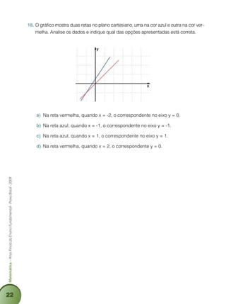 22
Matemática–AnosFinaisdoEnsinoFundamental-ProvaBrasil-2009
Na reta vermelha, quando x = -2, o correspondente no eixo y = 0.a)	
Na reta azul, quando x = -1, o correspondente no eixo y = -1.b)	
Na reta azul, quando x = 1, o correspondente no eixo y = 1.c)	
Na reta vermelha, quando x = 2, o correspondente y = 0.d)	
O gráfico mostra duas retas no plano cartesiano, uma na cor azul e outra na cor ver-18.	
melha. Analise os dados e indique qual das opções apresentadas está correta.
 