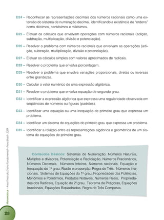 28
Matemática–AnosFinaisdoEnsinoFundamental-ProvaBrasil-2009
D24 – 	Reconhecer as representações decimais dos números racionais como uma ex-
tensão do sistema de numeração decimal, identificando a existência de “ordens”
como décimos, centésimos e milésimos.
D25 – 	Efetuar os cálculos que envolvam operações com números racionais (adição,
subtração, multiplicação, divisão e potenciação).
D26 – 	Resolver o problema com números racionais que envolvam as operações (adi-
ção, subtração, multiplicação, divisão e potenciação).
D27 – 	Efetuar os cálculos simples com valores aproximados de radicais.
D28 – 	Resolver o problema que envolva porcentagem.
D29 – 	Resolver o problema que envolva variações proporcionais, diretas ou inversas
entre grandezas.
D30 – 	Calcular o valor numérico de uma expressão algébrica.
D31 – 	Resolver o problema que envolva equação de segundo grau.
D32 – 	Identificar a expressão algébrica que expressa uma regularidade observada em
seqüências de números ou figuras (padrões).
D33 – 	Identificar uma equação ou uma inequação de primeiro grau que expressa um
problema.
D34 – 	Identificar um sistema de equações do primeiro grau que expressa um problema.
D35 – 	Identificar a relação entre as representações algébrica e geométrica de um sis-
tema de equações de primeiro grau.
Conteúdos Básicos: Sistemas de Numeração, Números Naturais,
Múltiplos e divisores, Potenciação e Radiciação, Números Fracionários,
Números Decimais, Números Inteiros, Números racionais, Equação e
Inequação do 1º grau, Razão e proporção, Regra de Três, Números Irra-
cionais, Sistemas de Equações do 1º grau, Propriedades das Potências,
Monômios e Polinômios, Produtos Notáveis, Números Reais, Proprieda-
des dos Radicais, Equação do 2º grau, Teorema de Pitágoras, Equações
Irracionais, Equações Biquadradas, Regra de Três Composta.
 
