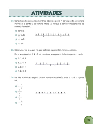 29
CadernodeAtividades
atividades
Considerando que na reta numérica abaixo o ponto K corresponde ao número27.	
inteiro 5 e o ponto D ao número inteiro -2, indique o ponto correspondente ao
número inteiro um.
ponto Ea)	
ponto Gb)	
ponto Bc)	
ponto Jd)	
Observe a reta a seguir, na qual as letras representam números inteiros.28.	
	 Dada a seqüência ( 3; 4; - 2; - 4 ), assinale a seqüência de letras correspondente:
B, C, G, Ea)	
B, C, F, Hb)	
C, B, F, Hc)	
C, B, G, Ed)	
Na reta numérica a seguir, um dos números localizado entre o –2 e – 1 pode29.	
ser:
–a)	
1
5
5
4
b)	
9
5
c)	
–d)	
5
4
 
