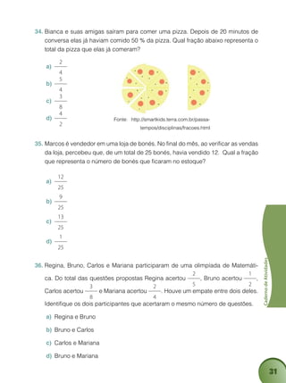 31
CadernodeAtividades
Fonte: http://smartkids.terra.com.br/passa-
tempos/disciplinas/fracoes.html
Bianca e suas amigas saíram para comer uma pizza. Depois de 20 minutos de34.	
conversa elas já haviam comido 50 % da pizza. Qual fração abaixo representa o
total da pizza que elas já comeram?
2
4
a)	
5
4
b)	
3
8
c)	
4
2
d)	
Marcos é vendedor em uma loja de bonés. No final do mês, ao verificar as vendas35.	
da loja, percebeu que, de um total de 25 bonés, havia vendido 12. Qual a fração
que representa o número de bonés que ficaram no estoque?
12
25
a)	
9
25
b)	
13
25
c)	
1
25
d)	
Regina, Bruno, Carlos e Mariana participaram de uma olimpíada de Matemáti-36.	
ca. Do total das questões propostas Regina acertou
2
5
, Bruno acertou
1
2
,
Carlos acertou
3
8
e Mariana acertou
2
4
. Houve um empate entre dois deles.
Identifique os dois participantes que acertaram o mesmo número de questões.
Regina e Brunoa)	
Bruno e Carlosb)	
Carlos e Marianac)	
Bruno e Marianad)	
 