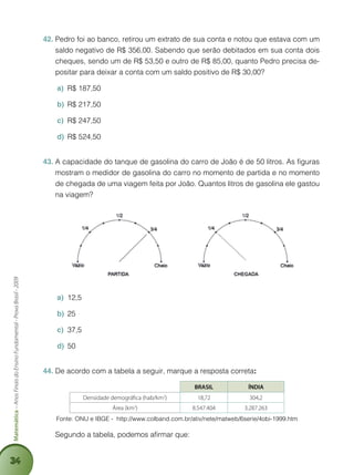 34
Matemática–AnosFinaisdoEnsinoFundamental-ProvaBrasil-2009
Pedro foi ao banco, retirou um extrato de sua conta e notou que estava com um42.	
saldo negativo de R$ 356,00. Sabendo que serão debitados em sua conta dois
cheques, sendo um de R$ 53,50 e outro de R$ 85,00, quanto Pedro precisa de-
positar para deixar a conta com um saldo positivo de R$ 30,00?
R$ 187,50a)	
R$ 217,50b)	
R$ 247,50c)	
R$ 524,50d)	
A capacidade do tanque de gasolina do carro de João é de 50 litros. As figuras43.	
mostram o medidor de gasolina do carro no momento de partida e no momento
de chegada de uma viagem feita por João. Quantos litros de gasolina ele gastou
na viagem?
12,5a)	
25b)	
37,5c)	
50d)	
De acordo com a tabela a seguir, marque a resposta correta44.	 :
BRASIL ÍNDIA
Densidade demográfica (hab/km2
) 18,72 304,2
Área (km2
) 8.547.404 3.287.263
Fonte: ONU e IBGE - http://www.colband.com.br/ativ/nete/matweb/6serie/4obi-1999.htm
	 Segundo a tabela, podemos afirmar que:
 