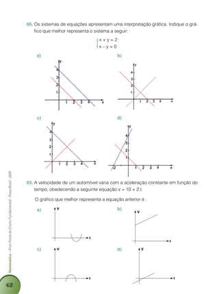 42
Matemática–AnosFinaisdoEnsinoFundamental-ProvaBrasil-2009
a)	 b)	
c)	 d)	
A velocidade de um automóvel varia com a aceleração constante em função do65.	
tempo, obedecendo a seguinte equação v = 10 + 2.t.
		O gráfico que melhor representa a equação anterior é :
a)	 V
t
b)	
V
t
c)	 V
t
d)	 V
t
Os sistemas de equações apresentam uma interpretação gráfica. Indique o grá-66.	
fico que melhor representa o sistema a seguir:
x + y = 2
x – y = 0
 