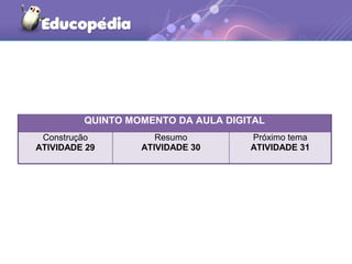 QUINTO MOMENTO DA AULA DIGITAL
Construção
ATIVIDADE 29
Resumo
ATIVIDADE 30
Próximo tema
ATIVIDADE 31
 