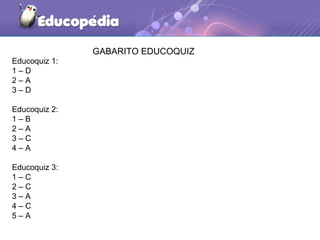 GABARITO EDUCOQUIZ
Educoquiz 1:
1 – D
2 – A
3 – D
Educoquiz 2:
1 – B
2 – A
3 – C
4 – A
Educoquiz 3:
1 – C
2 – C
3 – A
4 – C
5 – A
 