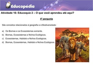 4ª pergunta
São conceitos relacionados à geografia e à Biodiversidade:
a) Os Biomas e os Ecossistemas somente.
b) Biomas, Ecossistemas e Nichos Ecológicos.
c) Ecossistemas, Habitats e Nichos Ecológicos.
d) Biomas, Ecossistemas, Habitats e Nichos Ecológicos.
Atividade 16: Educoquiz 2 – O que você aprendeu até aqui?
 