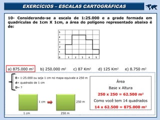EXERCÍCIOS – ESCALAS CARTOGRÁFICASEXERCÍCIOS – ESCALAS CARTOGRÁFICAS

Religião Predominante: Islamismo
10- Considerando-se a escala de 1:25.000 e a grade formada em
quadrículas de 1cm X 1cm, a área do polígono representado abaixo é
de:
a) 875.000 m2
b) 250.000 m2
c) 87 Km2
d) 125 Km2
e) 8.750 m2
E= 1:25.000 ou seja 1 cm no mapa equivale a 250 m
d= quadrado de 1 cm
D= ?
Área
Base x Altura
250 x 250 = 62.500 m2
Como você tem 14 quadrados
14 x 62.500 = 875.000 m2
1 cm
1 cm
250 m
250 m
 