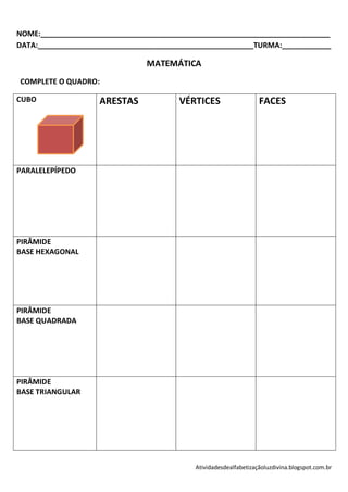 NOME:_______________________________________________________________________
DATA:_____________________________________________________TURMA:____________

                               MATEMÁTICA
COMPLETE O QUADRO:

CUBO                ARESTAS            VÉRTICES                   FACES




PARALELEPÍPEDO




PIRÂMIDE
BASE HEXAGONAL




PIRÂMIDE
BASE QUADRADA




PIRÂMIDE
BASE TRIANGULAR




                                           Atividadesdealfabetizaçãoluzdivina.blogspot.com.br
 