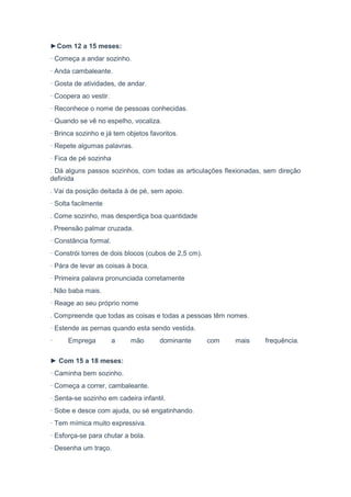 ►Com 12 a 15 meses:
· Começa a andar sozinho.
· Anda cambaleante.
· Gosta de atividades, de andar.
· Coopera ao vestir.
· Reconhece o nome de pessoas conhecidas.
· Quando se vê no espelho, vocaliza.
· Brinca sozinho e já tem objetos favoritos.
· Repete algumas palavras.
· Fica de pé sozinha
. Dá alguns passos sozinhos, com todas as articulações flexionadas, sem direção
definida
. Vai da posição deitada à de pé, sem apoio.
· Solta facilmente
. Come sozinho, mas desperdiça boa quantidade
. Preensão palmar cruzada.
· Constância formal.
· Constrói torres de dois blocos (cubos de 2,5 cm).
· Pára de levar as coisas à boca.
· Primeira palavra pronunciada corretamente
. Não baba mais.
· Reage ao seu próprio nome
. Compreende que todas as coisas e todas a pessoas têm nomes.
· Estende as pernas quando esta sendo vestida.
· Emprega a mão dominante com mais frequência.
► Com 15 a 18 meses:
· Caminha bem sozinho.
· Começa a correr, cambaleante.
· Senta-se sozinho em cadeira infantil.
· Sobe e desce com ajuda, ou sé engatinhando.
· Tem mímica muito expressiva.
· Esforça-se para chutar a bola.
· Desenha um traço.
 