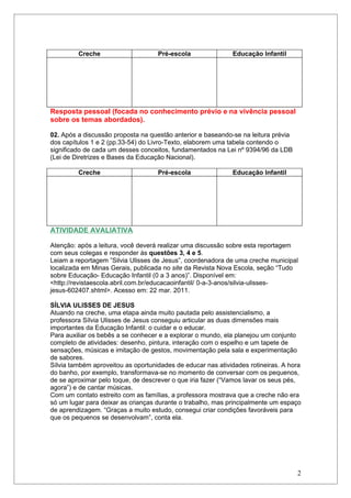 Creche                     Pré-escola               Educação Infantil




Resposta pessoal (focada no conhecimento prévio e na vivência pessoal
sobre os temas abordados).

02. Após a discussão proposta na questão anterior e baseando-se na leitura prévia
dos capítulos 1 e 2 (pp.33-54) do Livro-Texto, elaborem uma tabela contendo o
significado de cada um desses conceitos, fundamentados na Lei nº 9394/96 da LDB
(Lei de Diretrizes e Bases da Educação Nacional).

         Creche                     Pré-escola               Educação Infantil




ATIVIDADE AVALIATIVA

Atenção: após a leitura, você deverá realizar uma discussão sobre esta reportagem
com seus colegas e responder às questões 3, 4 e 5.
Leiam a reportagem ”Silvia Ulisses de Jesus”, coordenadora de uma creche municipal
localizada em Minas Gerais, publicada no site da Revista Nova Escola, seção “Tudo
sobre Educação- Educação Infantil (0 a 3 anos)”. Disponível em:
<http://revistaescola.abril.com.br/educacaoinfantil/ 0-a-3-anos/silvia-ulisses-
jesus-602407.shtml>. Acesso em: 22 mar. 2011.

SÍLVIA ULISSES DE JESUS
Atuando na creche, uma etapa ainda muito pautada pelo assistencialismo, a
professora Sílvia Ulisses de Jesus conseguiu articular as duas dimensões mais
importantes da Educação Infantil: o cuidar e o educar.
Para auxiliar os bebês a se conhecer e a explorar o mundo, ela planejou um conjunto
completo de atividades: desenho, pintura, interação com o espelho e um tapete de
sensações, músicas e imitação de gestos, movimentação pela sala e experimentação
de sabores.
Sílvia também aproveitou as oportunidades de educar nas atividades rotineiras. A hora
do banho, por exemplo, transformava-se no momento de conversar com os pequenos,
de se aproximar pelo toque, de descrever o que iria fazer (“Vamos lavar os seus pés,
agora”) e de cantar músicas.
Com um contato estreito com as famílias, a professora mostrava que a creche não era
só um lugar para deixar as crianças durante o trabalho, mas principalmente um espaço
de aprendizagem. “Graças a muito estudo, consegui criar condições favoráveis para
que os pequenos se desenvolvam”, conta ela.




                                                                                    2
 