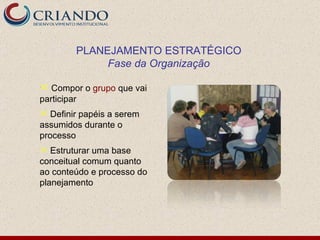 Compor o  grupo  que vai participar Definir papéis a serem assumidos durante o processo Estruturar uma base conceitual comum quanto ao conteúdo e processo do planejamento PLANEJAMENTO ESTRATÉGICO Fase da Organização 