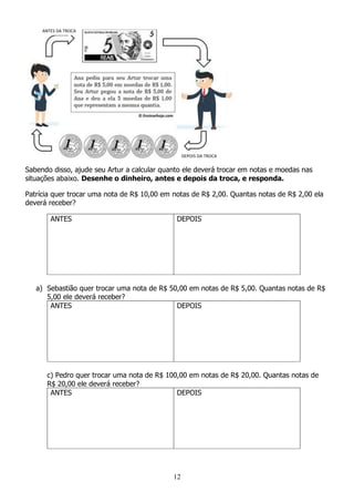12
Sabendo disso, ajude seu Artur a calcular quanto ele deverá trocar em notas e moedas nas
situações abaixo. Desenhe o dinheiro, antes e depois da troca, e responda.
Patrícia quer trocar uma nota de R$ 10,00 em notas de R$ 2,00. Quantas notas de R$ 2,00 ela
deverá receber?
ANTES DEPOIS
a) Sebastião quer trocar uma nota de R$ 50,00 em notas de R$ 5,00. Quantas notas de R$
5,00 ele deverá receber?
ANTES DEPOIS
c) Pedro quer trocar uma nota de R$ 100,00 em notas de R$ 20,00. Quantas notas de
R$ 20,00 ele deverá receber?
ANTES DEPOIS
ANTES DA TROCA
DEPOIS DA TROCA
 