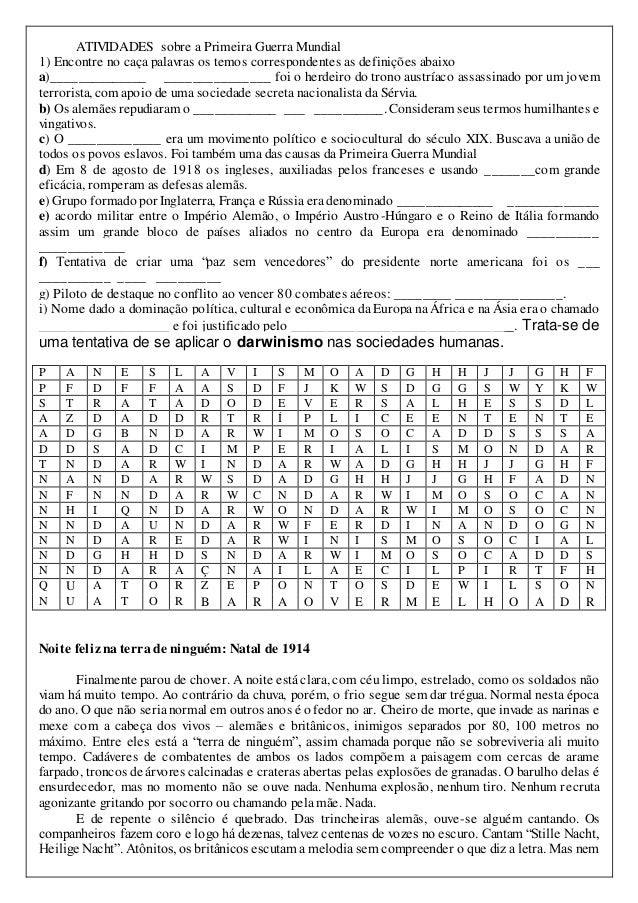 atividades sobre a Primeira Guerra Mundial atividades sobre a Primeira Guerra Mundial