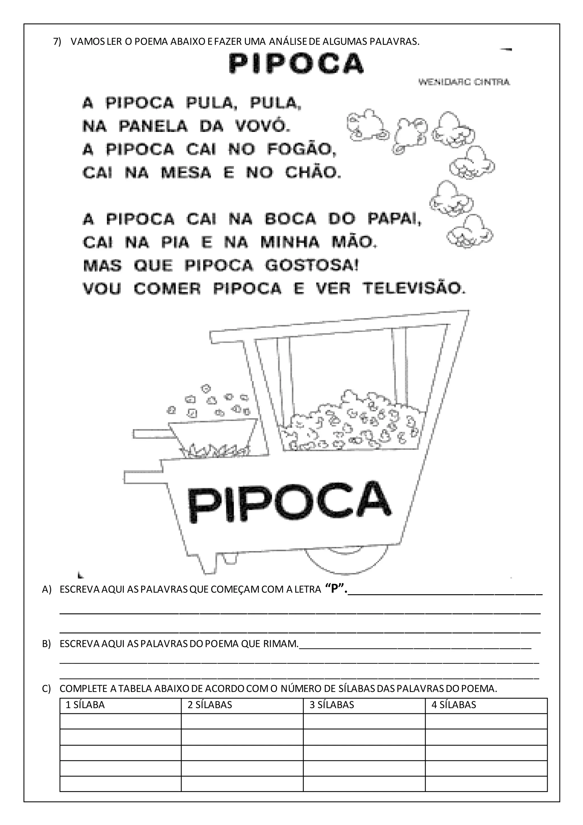Atividades alfabetização pipoca cap | DOCX