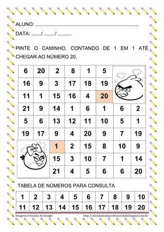 ALUNO: ...........................................................................
DATA: ......./ ......../ ..........
PINTE O CAMINHO, CONTANDO DE 1 EM 1 ATÉ
CHEGAR AO NÚMERO 20.

6

20

2

8

1

5

16

9

3

17

18

19

11

1

15

16

4

20

21

9

14

1

6

1

6

2

5

6

13

12

11

10

5

1

19

17

9

4

20

9

7

19

1

2

15

8

10

9

15

3

10

7

1

14

21

4

5

6

6

20

TABELA DE NÚMEROS PARA CONSULTA

1

2

3

4

5

6

7

8

9

10

11 12 13 14 15 16 17 18 19 20
Imagens retiradas do Google

http://atividadesdaprofessorabel.blogspot.com.br

 