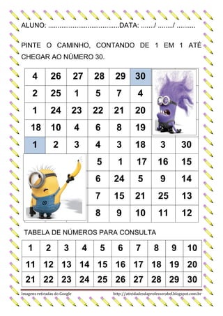 ALUNO: ......................................DATA: ......./ ......../ ..........
PINTE O CAMINHO, CONTANDO DE 1 EM 1 ATÉ
CHEGAR AO NÚMERO 30.

4

26

27

28

29

30

2

25

1

5

7

4

1

24

23

22

21

20

18

10

4

6

8

19

1

2

3

4

3

18

3

30

5

1

17

16

15

6

24

5

9

14

7

15

21

25

13

8

9

10

11

12

TABELA DE NÚMEROS PARA CONSULTA

1

2

3

4

5

6

7

8

9

10

11 12 13 14 15 16 17 18 19 20
21 22 23 24 25 26 27 28 29 30
Imagens retiradas do Google

http://atividadesdaprofessorabel.blogspot.com.br

 