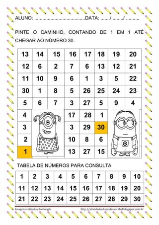 ALUNO: ......................................DATA: ......./ ......../ ..........
PINTE O CAMINHO, CONTANDO DE 1 EM 1 ATÉ
CHEGAR AO NÚMERO 30.

13

14

15

16

17 18

19

20

12

6

2

7

6

13

12

21

11

10

9

6

1

3

5

22

30

1

8

5

26

25

24

23

5

6

7

3

27

5

9

4

4

17

28

1

3

3

29

30

2

10

8

6

1

13

27

15

TABELA DE NÚMEROS PARA CONSULTA

1

2

3

4

5

6

7

8

9

10

11 12 13 14 15 16 17 18 19 20
21 22 23 24 25 26 27 28 29 30
Imagens retiradas do Google

http://atividadesdaprofessorabel.blogspot.com.br

 