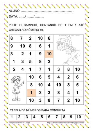 ALUNO: .............................................................
DATA: ......./ ......../ ..........
PINTE O CAMINHO, CONTANDO DE 1 EM 1 ATÉ
CHEGAR AO NÚMERO 10.

8

7

2

10

6

9

10 8

6

1

3

2

1

9

10

1

3

5

8

2

5

4

1

7

1

3

8

10

10

6

5

4

2

6

8

10

4

10

8

5

1

2

3

8

4

1

10

3

8

7

2

10

TABELA DE NÚMEROS PARA CONSULTA

1

2

3

Imagens retiradas do Google

4

5

6

7

8

9

10

http://atividadesdaprofessorabel.blogspot.com.br

 
