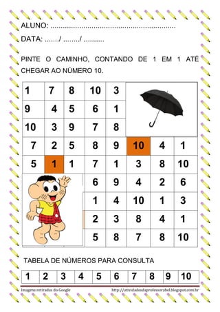 ALUNO: .............................................................
DATA: ......./ ......../ ..........
PINTE O CAMINHO, CONTANDO DE 1 EM 1 ATÉ
CHEGAR AO NÚMERO 10.

1

7

8

10

3

9

4

5

6

1

10

3

9

7

8

7

2

5

8

9

10

4

1

5

1

1

7

1

3

8

10

10

6

9

4

2

6

8

1

4

10

1

3

1

2

3

8

4

1

10

5

8

7

8

10

TABELA DE NÚMEROS PARA CONSULTA

1

2

3

Imagens retiradas do Google

4

5

6

7

8

9

10

http://atividadesdaprofessorabel.blogspot.com.br

 