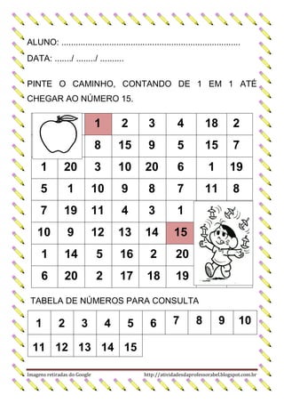 ALUNO: ...........................................................................
DATA: ......./ ......../ ..........
PINTE O CAMINHO, CONTANDO DE 1 EM 1 ATÉ
CHEGAR AO NÚMERO 15.

1

2

3

4

18

2

8

15

9

5

15

7

1

20

3

10

20

6

1

19

5

1

10

9

8

7

11

8

7

19

11

4

3

1

10

9

12

13

14

15

1

14

5

16

2

20

6

20

2

17

18

19

TABELA DE NÚMEROS PARA CONSULTA

1

2

3

4

5

6

7

8

9

10

11 12 13 14 15
Imagens retiradas do Google

http://atividadesdaprofessorabel.blogspot.com.br

 