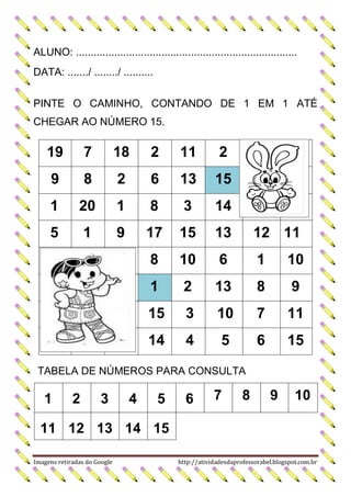ALUNO: ...........................................................................
DATA: ......./ ......../ ..........
PINTE O CAMINHO, CONTANDO DE 1 EM 1 ATÉ
CHEGAR AO NÚMERO 15.

19

7

18

2

11

2

9

8

2

6

13

15

1

20

1

8

3

14

5

1

9

17

15

13

12 11

8

10

6

1

10

1

2

13

8

9

15

3

10

7

11

14

4

5

6

15

TABELA DE NÚMEROS PARA CONSULTA

1

2

3

4

5

6

7

8

9

10

11 12 13 14 15
Imagens retiradas do Google

http://atividadesdaprofessorabel.blogspot.com.br

 